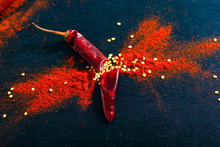 Red Chili Pepper Flakes And Chili Powder Burst On Black Background