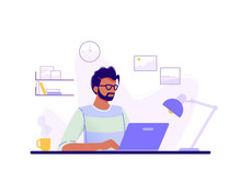 Office Worker. Man Is Working At His Laptop In The Office Interior. Blue, Green, Yellow. Isolated Flat Vector Illustration.