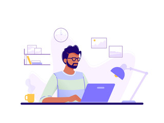 Office worker. Man is working at his laptop in the office interior. Blue, green, yellow. Isolated flat vector illustration.