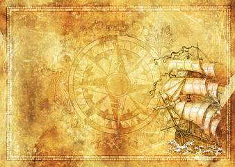 Wall Mural - Marine background, ancient sailing vessel, baroque decorated compass on grunge texture