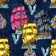 Wall Mural - Seamless pattern with old sailing ship, decorated compass, flying gull on blue