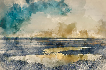 Watercolour painting of Conceptual landscape image of two people on remote beach