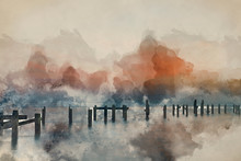 Watercolour Painting Of Stunning Peaceful Sea Landscape Of Old Derelict Pier Foundations At Sunrise