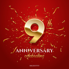 Wall Mural - 9 golden number and Anniversary Celebrating text with golden serpentine and confetti on red background. Vector ninth anniversary celebration event square template.