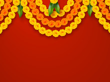 Indian Holiday Background. Floral Garland With Yellow Flowers And Mango Leaves. Traditional Decoration For Wedding, Hindu Holidays. Vector Border Ring With Copy Space.