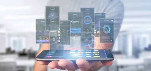 Wall Mural - businessman holding user interface screens with icon, stats and data 3d rendering