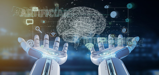 Cyborg hand holding a artificial intelligence concpt with a brain and app 3d rendering
