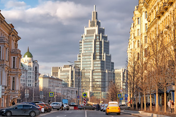 moscow city russia street historical urban view of old and new building architecture with road traff