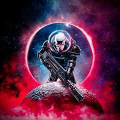 Poster - The death trooper / 3D illustration of science fiction scene showing evil skull faced astronaut space marine soldier with laser pulse rifle rising above moon