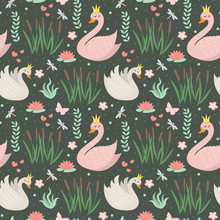 Swans Cute Seamless Pattern. Modern Princess Swan Repetitive Texture. Holiday Endless Background, Backdrop. Vector Illustration.