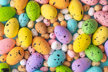 Easter Composition Made With Colorful Eggs. Creative Holiday Concept. Flat Lay.
