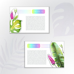 Wall Mural - Set of watercolor backgrounds, two cards with green tropical leaves of banana, monstera and pink magnolia bud. Summer template with exotic plants and place for text, advertising and information.