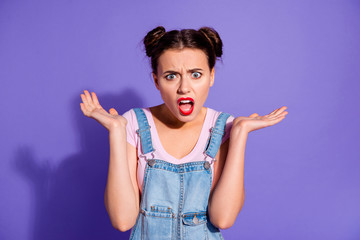 Close up photo beautiful amazing she her lady two buns red lipstick pomade what's wrong with you facial expression wear casual t-shirt jeans denim overalls clothes isolated purple violet background