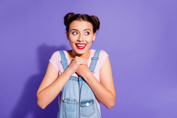 Sticker - Close up photo beautiful amazing funky she her lady two buns hands arms together red lipstick pomade sweet pretty wear casual t-shirt jeans denim overalls clothes isolated purple violet background