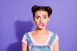 © deagreez - Close up photo beautiful amazing she her lady two hair buns bite lip oh no sorry guilty despair expression wear casual t-shirt jeans denim overalls clothes isolated purple violet background