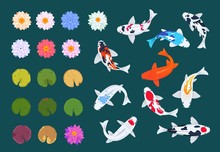 Koi Fish And Lotus. Japanese Carp, Flowers And Leaves Of Water Lilies. China Asian Traditional Vector Set. Illustration Of Colored Carp Fish And Flower