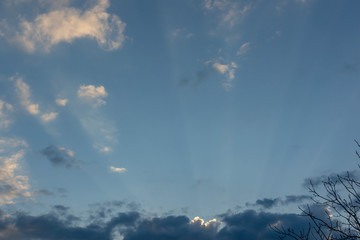 Blue sky at sunset with colorful clouds. Blue, yellow, white, gray and dark blue. Beautiful nature concept for design