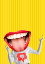 Happiness. Female Body With The Big Mouth, Red Lips And White Teeth As A Head Against Yellow Background. Modern Design. Contemporary Art Collage. Concept Of Emotions, Social Media Or Feelings.