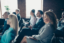 Profile Side View Of Nice Focused Concentrated Elegant Stylish Sharks Experts Members Participants Executive Managers Educative Course Sitting At Industrial Loft Style Interior Room Work Place Station