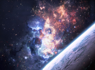 Wall Mural - abstract artistic planet horizon on a dramatic colorful galaxy background