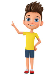 Wall Mural - Cartoon character boy points his finger at an empty space on a white background. 3d rendering. Illustration for advertising.