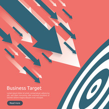 Pencil Pointing To Dartboard Center Goal. Strategy Achievement And Success Flat Design. Archery Dart Target And Arrow. Business Vector Concept With Graph And Dollar Icon Illustration