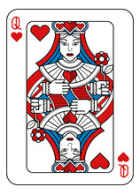A Playing Card Queen Of Hearts In Red, Blue And Black From A New Modern Original Complete Full Deck Design. Standard Poker Size.