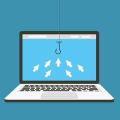 Computer arrow Icons are like Fish gathering to Click a Bait Concept. Editable Clip Art. - Vector
