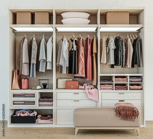 Fotografía modern wooden wardrobe with women clothes hanging on rail in walk in closet desi