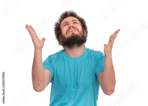Portrait Of Caucasian Crazy Bearded Man With Funny Curly Hair