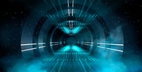 abstract tunnel, corridor with rays of light and new highlights. abstract blue background, neon. sce