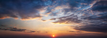 Dramatic Sunset And Sunrise Sky. Orange, Blue And Yellow Colors Sunset. Panoramic View.
