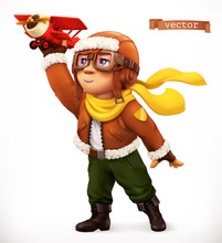 Little Pilot With Toy Airplane. Comic Character, 3d Vector Illustration