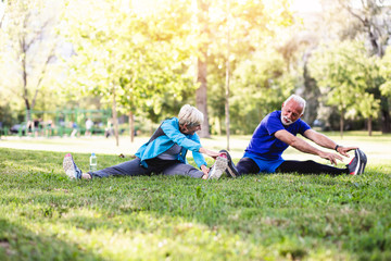 Wall Mural - Happy fit senior couple exercising in park.