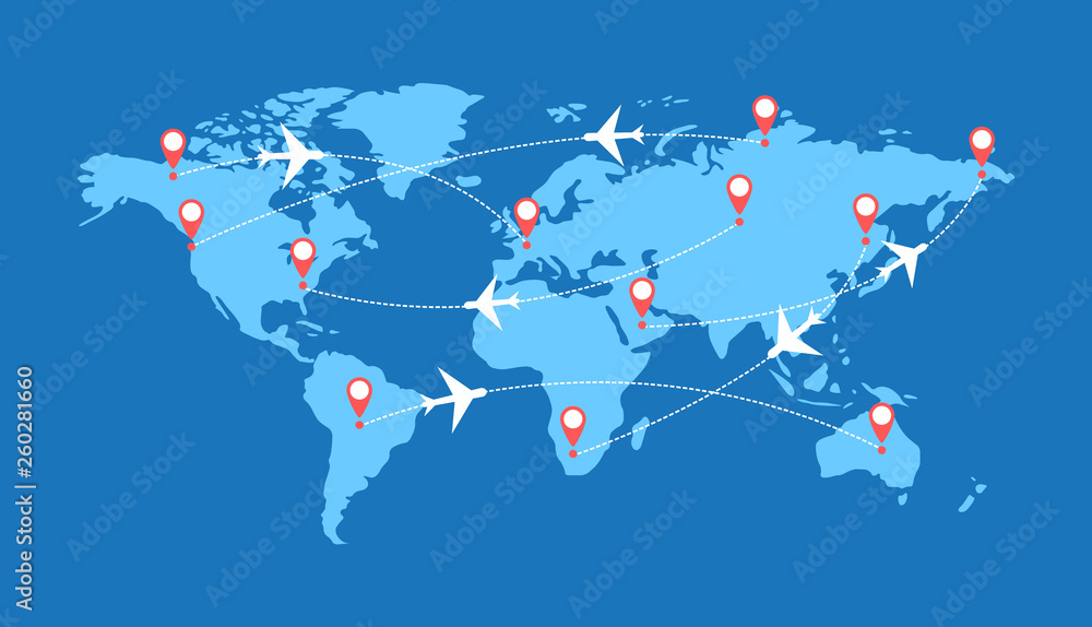 Infographics with airplanes, dotted paths and pointers on the world map ...