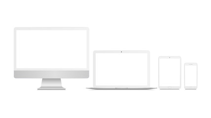 Realistic set of monitor, laptop, tablet, smartphone. White mockup of technological devices.
