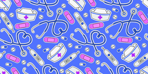 Hand drawn  nurse hospital elements vector illustration seamless pattern background
