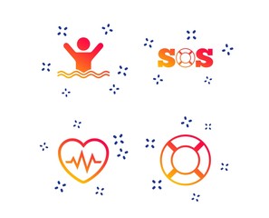 Wall Mural - SOS lifebuoy icon. Heartbeat cardiogram symbol. Swimming sign. Man drowns. Random dynamic shapes. Gradient sos icon. Vector