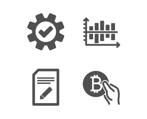 Set of Edit document, Diagram chart and Service icons. Bitcoin pay sign. Page with pencil, Presentation graph, Cogwheel gear. Cryptocurrency coin.  Classic design edit document icon. Flat design