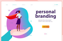 Vector Web Page Template - Personal Branding, Business Communication, Consulting, Planning. Landing Page Design. Business Lady Standing As Super Hero On Human Hand. Web Banner, Mobile App Illustration