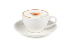 Side View Of Hot Cappuccino Coffee In A White Cup Isolated On White Background. (Clipping Path Inside)