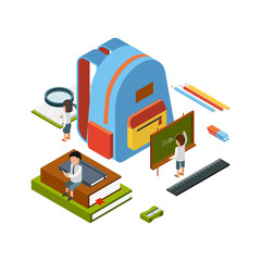 Poster - Backpack isometric. School stationary items education happy people college bag vector concept. Illustration of education college, student study and training