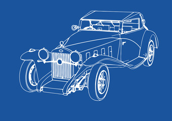 drawing of a retro car on a blue background vector