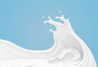 white milk or yogurt splash in wave shape isolated on blue background, 3d rendering Include clipping path.