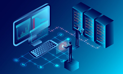 privacy protection and software for development with businessman stood in front of a computer with high security. isometric. Web pages and window, binary code, and site. illustration cartoon vector
