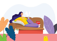 Young Woman Lying On Sofa In Living Room And Holding A Cup Of Hot  Coffee With Cute Cats. Vector Flat Design Illustration