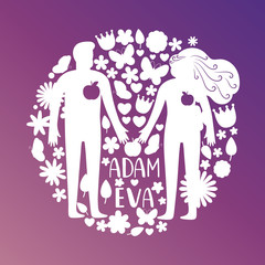 Adam and eve silhouettes, couple in love with flowers and birds vector concept. White silhouette eve and adam with flower illustration