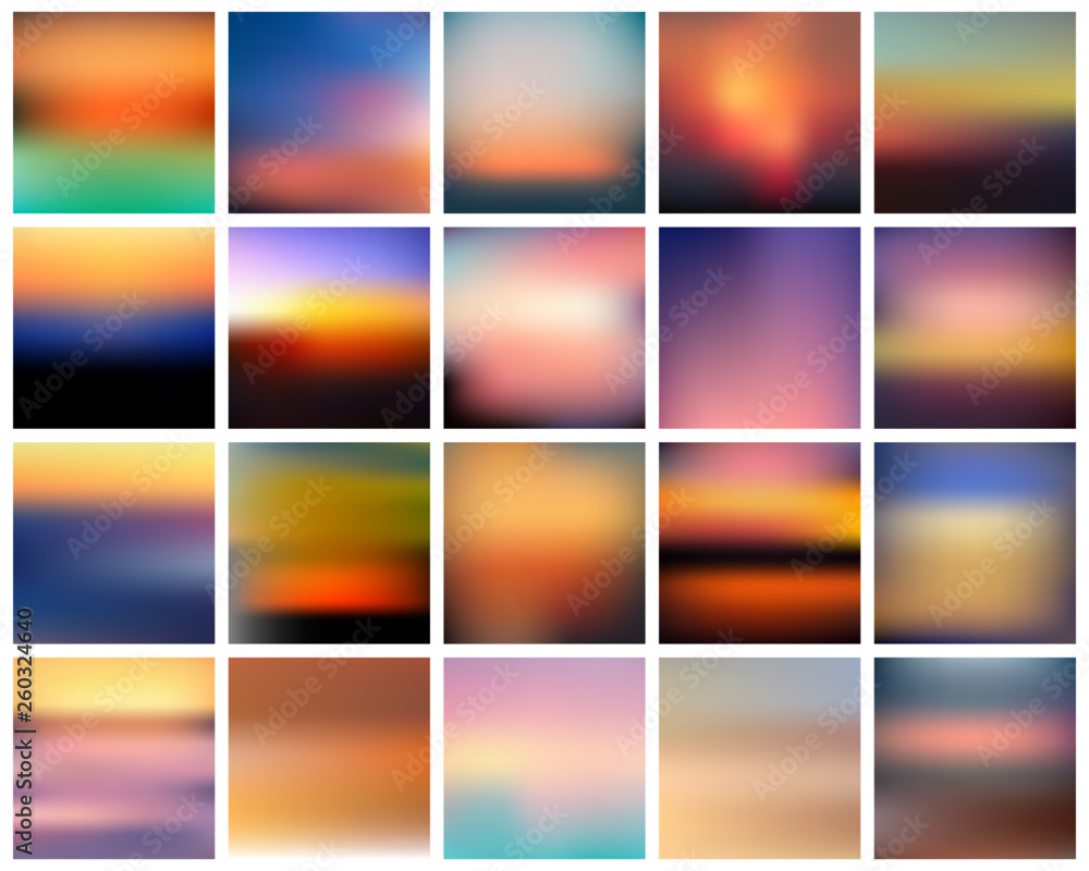 Set of vector gradient sunset. Beautiful colorful abstract sunrise ...