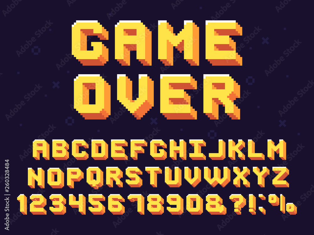 Pixel game font. Retro games text, 90s gaming alphabet and 8 bit computer graphic letters vector set - obrazy, fototapety, plakaty 