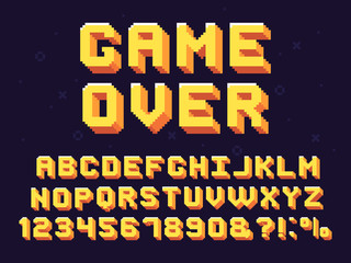 pixel game font. retro games text, 90s gaming alphabet and 8 bit computer graphic letters vector set